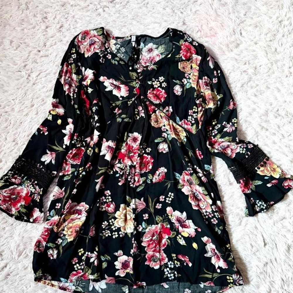 Whimsygoth Floral Cottage Core Bell Sleeve Retro Babydoll Mini Dress Womens M